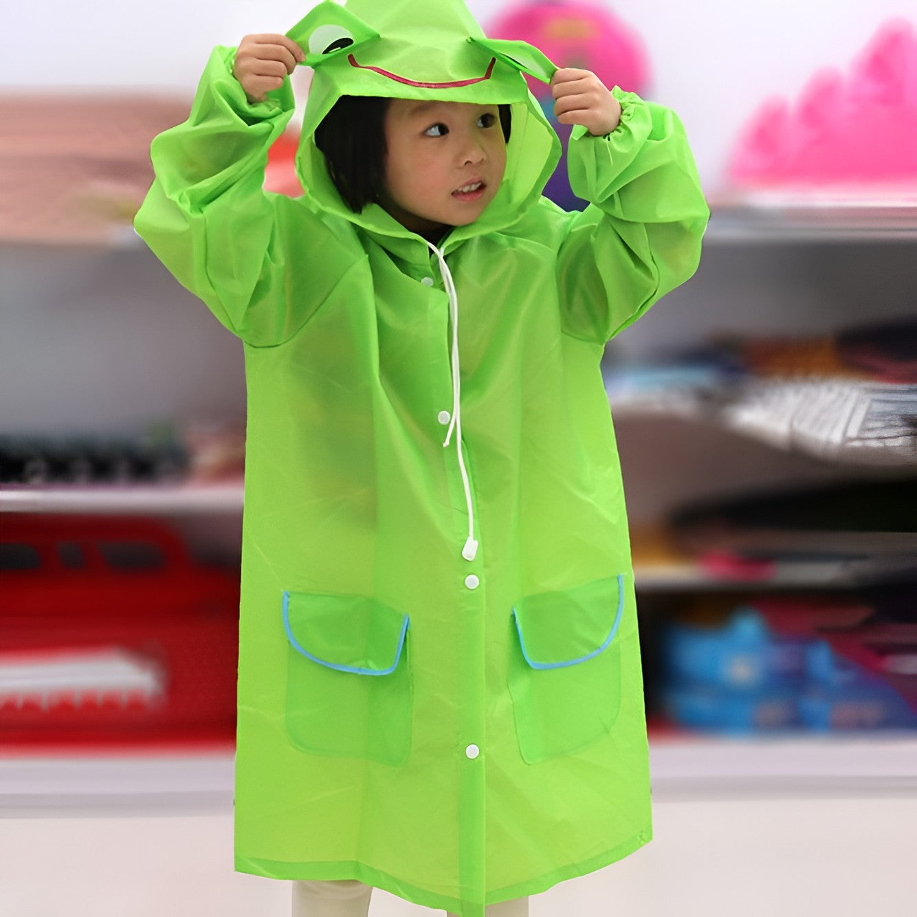 PALAY Raincoat for Kids Boys Girls with Hood, Polyester Rain Ponchos with Pockets and School Bag Coverage, Bright Color Raincoat for 3-7 Years Old Kids (green)