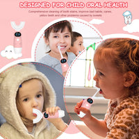 HANNEA Electric Toothbrush For Kids with 3 Brush Head, Soft Dupont Kids Electric Toothbrush with LED Light Design, Battery Powered U Shaped Toothbrush For Kids, Automatic Brush for Kid 8-12, 2-5