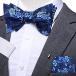 GUSTAVE Men's Bow Tie-Floral Jacquard Bow Tie Set Pocket Square Exquisite Collection (Blue)