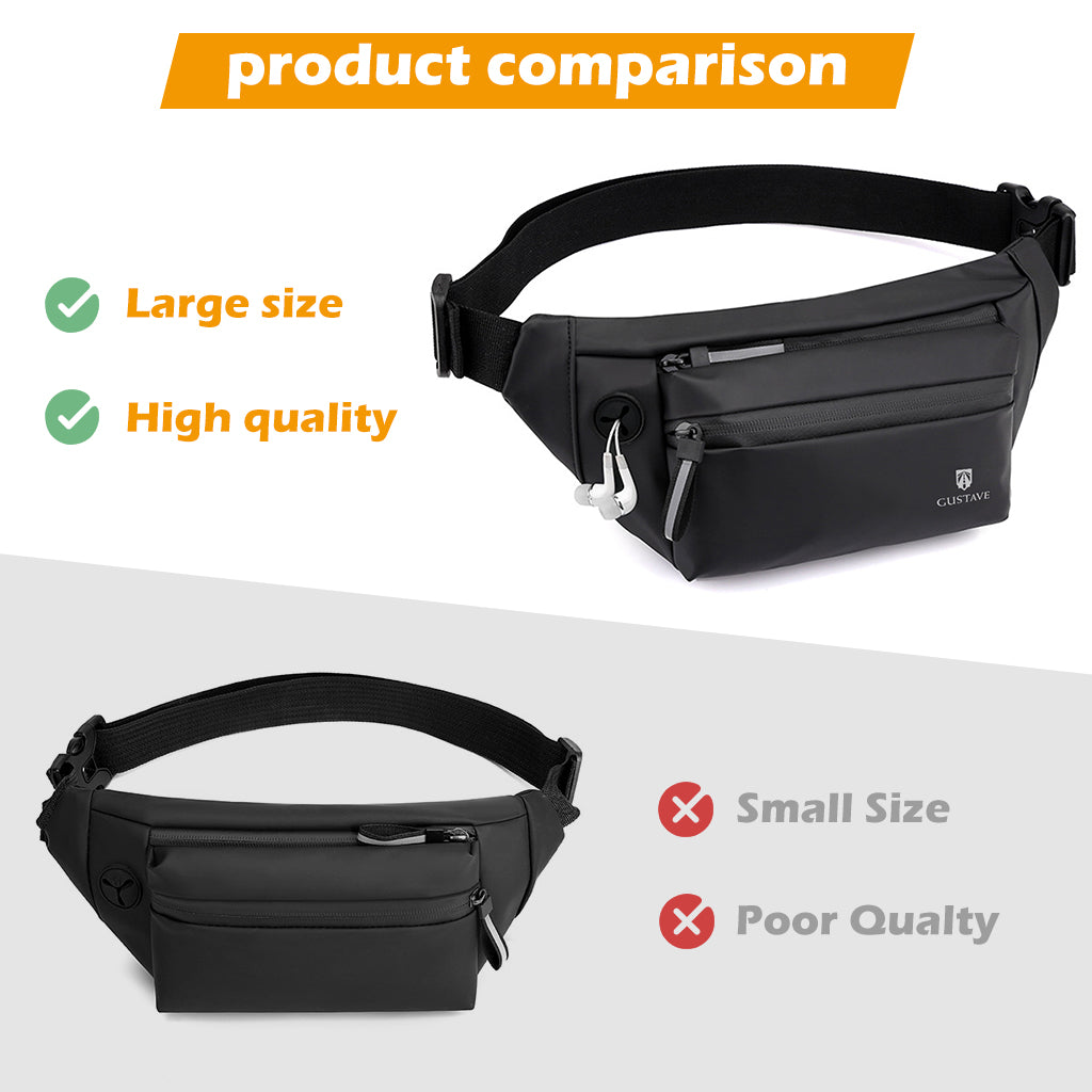 GUSTAVE  Waist Bag for Men Women with Adjustable Strap and Headphone Jack, Large Waterproof Chest Bag Fanny Pack for Hiking Travel Camping Running Sports Outdoors with 4-Zipper Pockets
