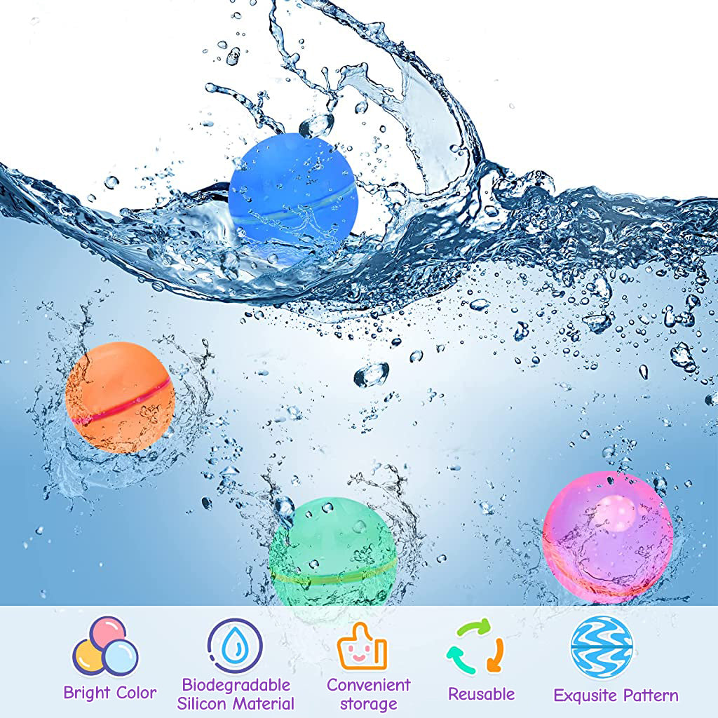 PATPAT Water Balloons for Kids,4Pcs Refillable Splashing Water Toys for Kids Bath Swimming Pool Beach Game Balls Toy, Self Sealing & Refillable Silicone Water Balloons for Outdoor Summer Activities