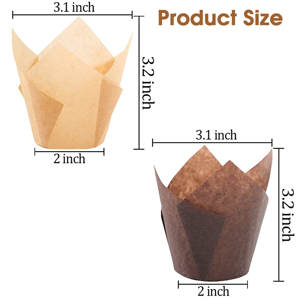 Supvox 100Pcs Cupcake Liner, 5cm Diameter Tulip Cupcake Paper Cups, Food Grade Greaseproof Paper Baking Cups Muffin Liners Holders for Baking Weddings, Birthdays, Baby Showers, Brown & Beige