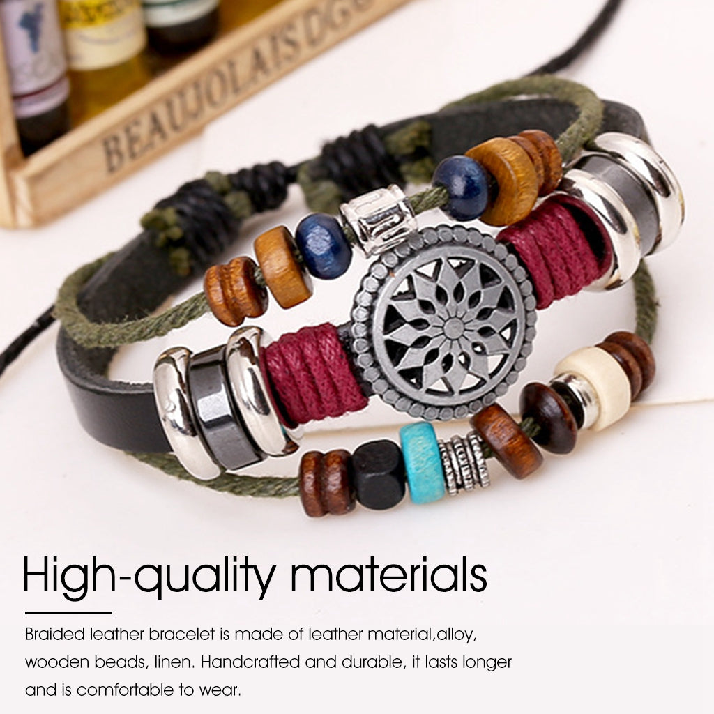 SANNIDHI Braided Leather Bracelet for Women Men Retro Multilayer Wooden String Beads Bracelet Ethnic Tribal Couple Bracelets Adjustable with Gift Box