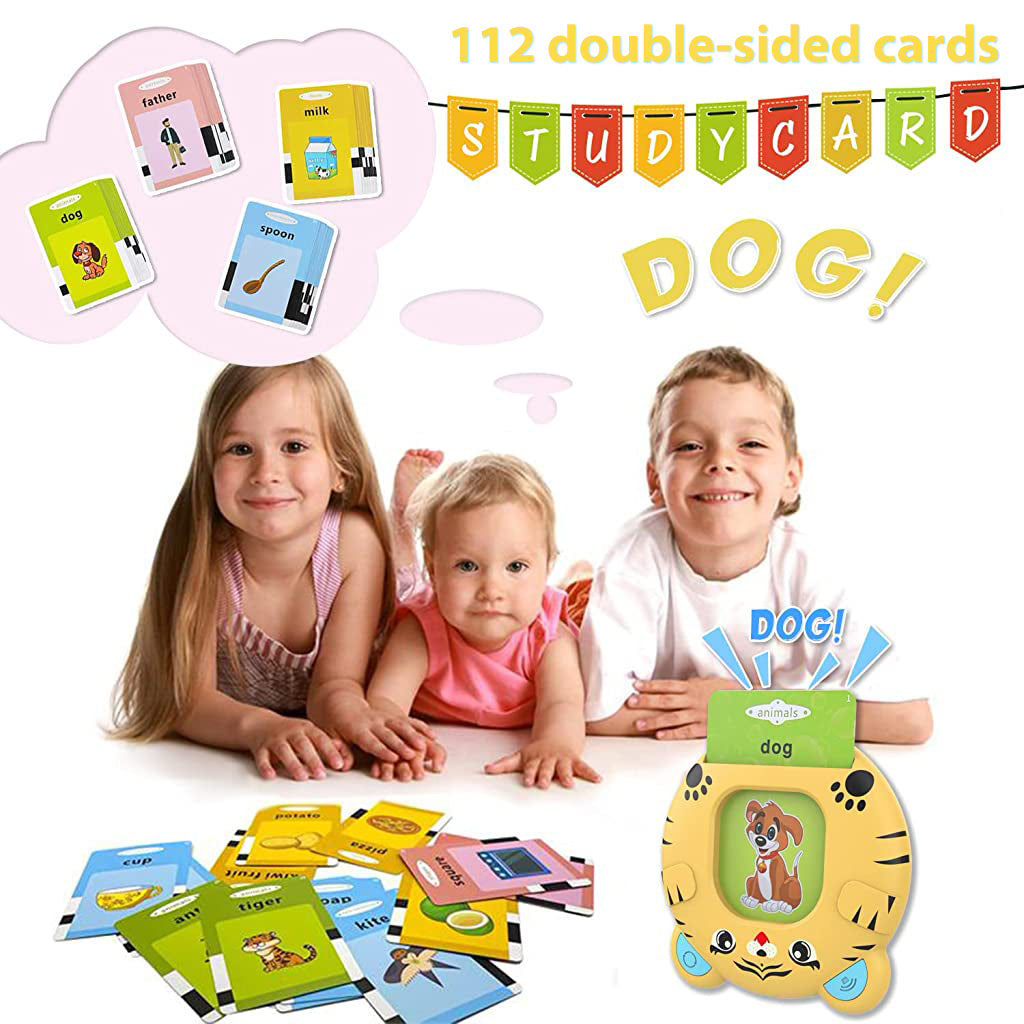 PATPAT Talking Flash Cards Learning Toys, English Words Learning Machine for Kids, Tiger Reading Machine with 112 Sheet Flash Cards Gifts for Preschool Kids Boys Girls Toddlers Age 3 4 5 6 7 8