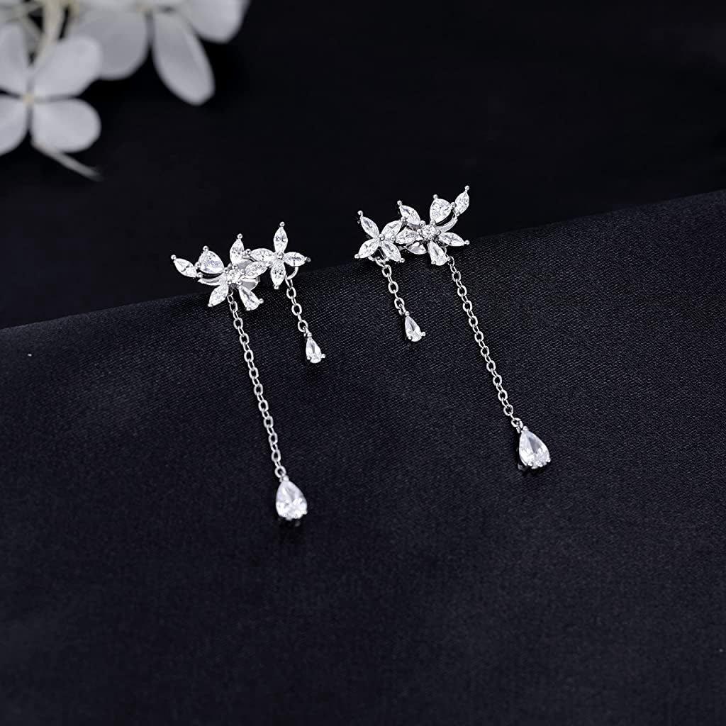 ZIBUYU 1 Pair Women's Earrings, 925 Sterling Dainty Flowers Threader Tassel Chain Leaves Wrap Earrings Crawler for Women Gift