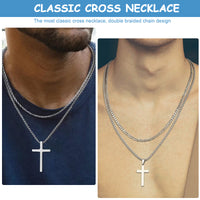 SANNIDHI 2Pcs Cross Necklaces Set Layered Chain Cross Pendant Necklace for Men Women Boys Girls, Classic Electroplated Titanium Steel Necklaces with Flannel Bag Jewelry Gifts (Silver)