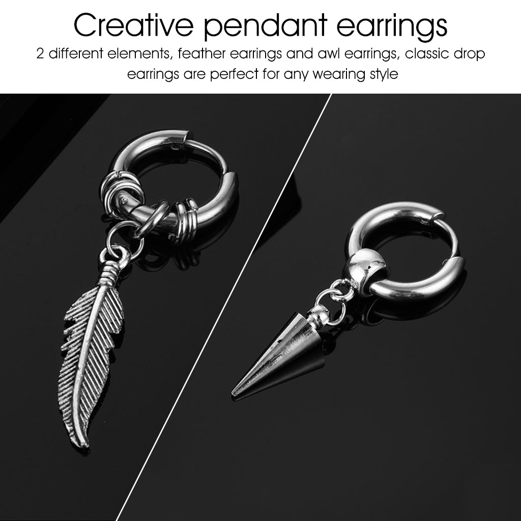 ZIBUYU Hoop Earrings for Women Men Stylish Titanium Steel Hoop Feather Awl Earrings Hiphop Pendent Hoop Earrings for Men Women Hoop Earrings,1 Pairs