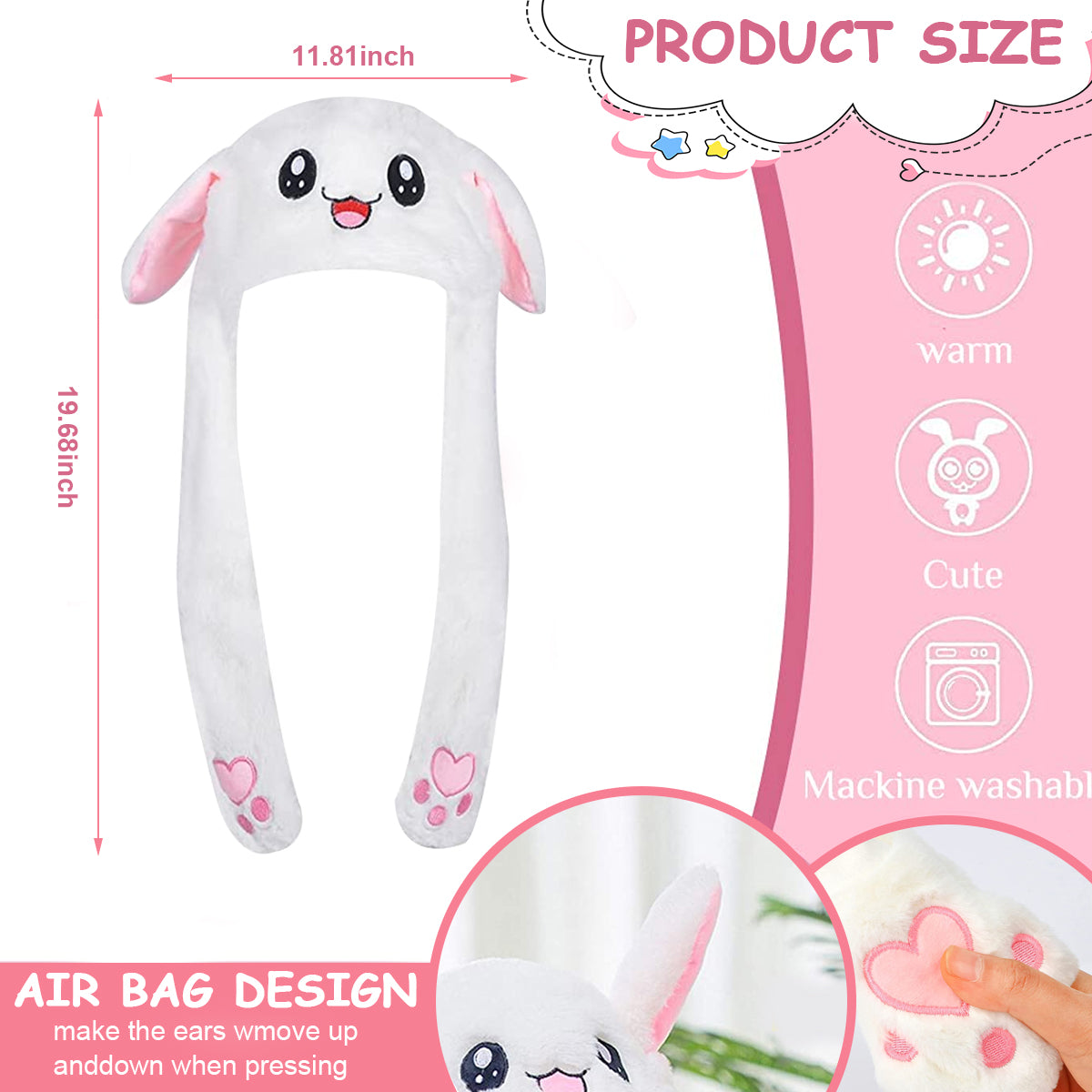 PATPAT  Plush Animal Bunny Dancing Ears Hat, Cute Rabbit Moving Ear Flaps and Press Paws for Girls Women Kids, Birthday Gift (White)