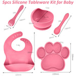 SNOWIE SOFT 5pcs Silicone Tableware Kit for Baby, Baby Silicone Feeding Kit Baby Plate & Bowl with Sucker, Spoon, Fork Bib BPA-Free Dishwasher & Microwave Safe (Pink)