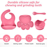 SNOWIE SOFT 5pcs Silicone Tableware Kit for Baby, Baby Silicone Feeding Kit Baby Plate & Bowl with Sucker, Spoon, Fork Bib BPA-Free Dishwasher & Microwave Safe (Pink)