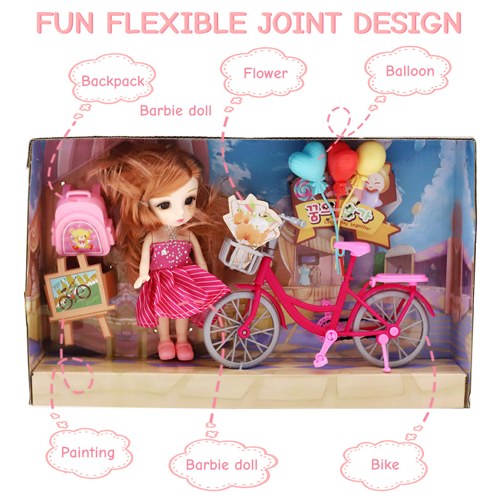 PATPAT Doll Set with Bicycle Prop, Dollhouse Princess Toys, Doll for Girls, Barbie Dolls for Girls, Cute Cartoon Doll Toy for Girls, Birthday Gift for Girl, Gift Box Packing (Pink)