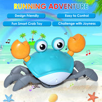 PATPAT Crab Walking Toy with Music, Auto Avoid Obstacles Running Crab Toy, Crawling Crab Baby Toy Gifts, Walking Crab Music Toy with Glowing Eyes, USB Rechargeable, Moving Crab Toy for Baby (Blue)