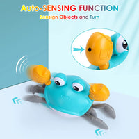 PATPAT Crab Walking Toy with Music, Auto Avoid Obstacles Running Crab Toy, Crawling Crab Baby Toy Gifts, Walking Crab Music Toy with Glowing Eyes, USB Rechargeable, Moving Crab Toy for Baby (Blue)