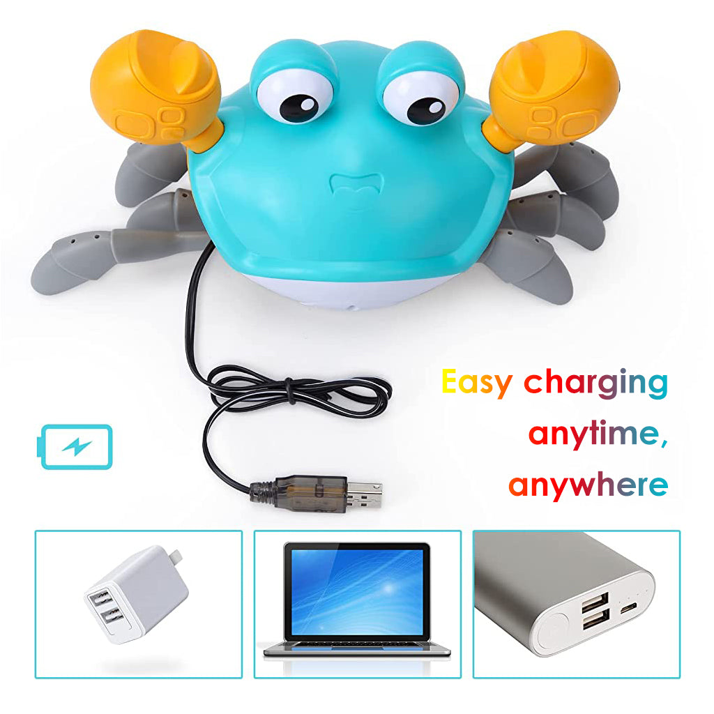 PATPAT Crab Walking Toy with Music, Auto Avoid Obstacles Running Crab Toy, Crawling Crab Baby Toy Gifts, Walking Crab Music Toy with Glowing Eyes, USB Rechargeable, Moving Crab Toy for Baby (Blue)