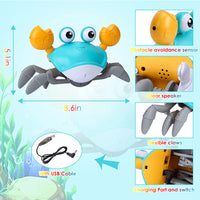 PATPAT Crab Walking Toy with Music, Auto Avoid Obstacles Running Crab Toy, Crawling Crab Baby Toy Gifts, Walking Crab Music Toy with Glowing Eyes, USB Rechargeable, Moving Crab Toy for Baby (Blue)