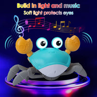 PATPAT Crab Walking Toy with Music, Auto Avoid Obstacles Running Crab Toy, Crawling Crab Baby Toy Gifts, Walking Crab Music Toy with Glowing Eyes, USB Rechargeable, Moving Crab Toy for Baby (Blue)