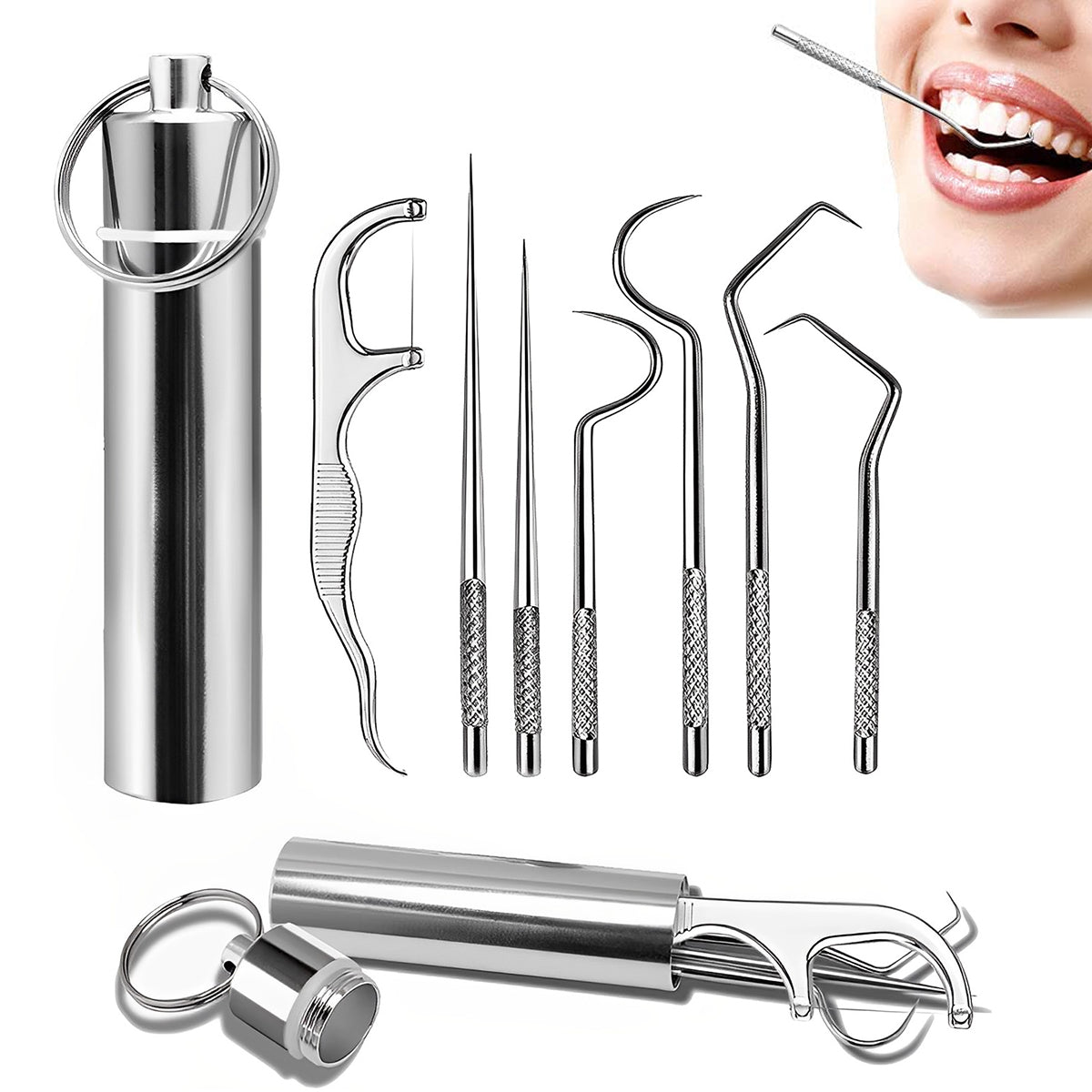 MAYCREATE Dental Tools, 7 in 1 Stainless Steel Teeth Cleaning Tool Kit, Stainless Steel Toothpicks Teeth Cleaning Picks Flosser for Teeth Braces Cleaning Tools Reuseable Toothpicks Oral Care