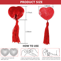 PALAY Bra with Tassel Shiny Sequin Women's Nipple Pasties Bra Reusable Silicone Heart-Shaped Nipple Cover Adhesive Breast Pads (Red, 1 Pair)