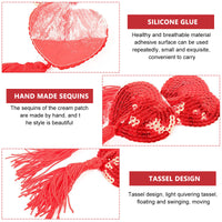 PALAY Bra with Tassel Shiny Sequin Women's Nipple Pasties Bra Reusable Silicone Heart-Shaped Nipple Cover Adhesive Breast Pads (Red, 1 Pair)