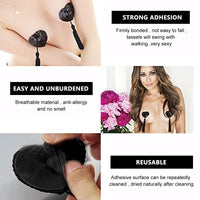 PALAY Nipple Cover Pasties Silicone Sequin Tassel Bra Reusable Romantic Adhesive Heart Nipple Pasties with Tassel for Lady Women (Black, One Pair)