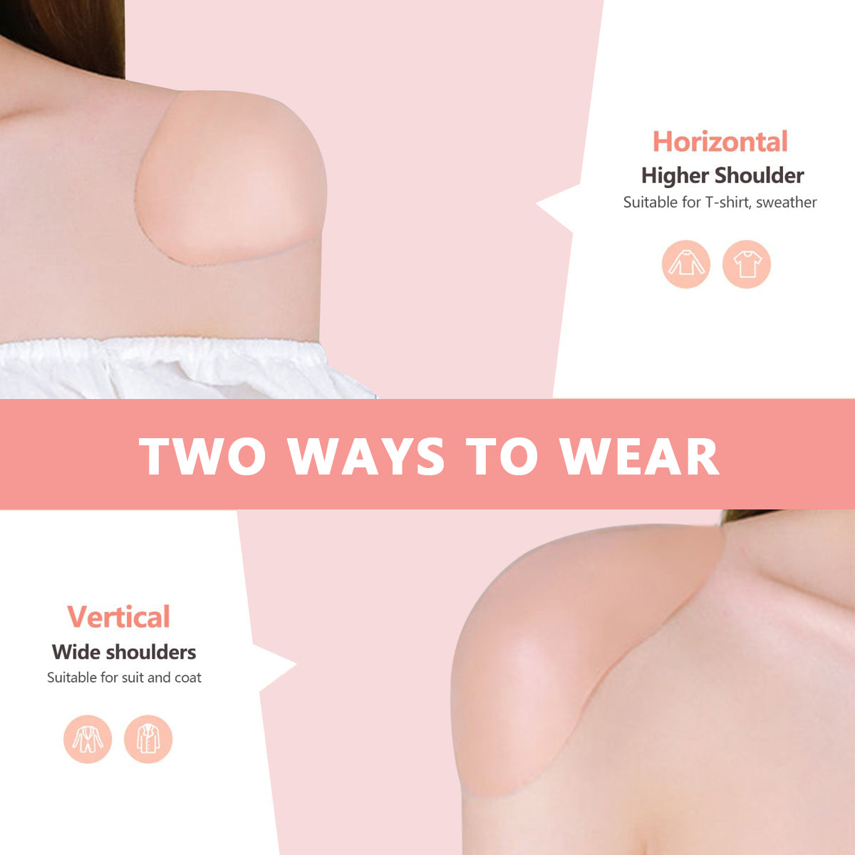 PALAY 2 Pairs Shoulder Pads for Women Clothing, Soft Silicone Anti-slip Shoulder Push-up Pads Reusable Invisible Adhesive Shoulder Enhancer Pads-White & Skin Color