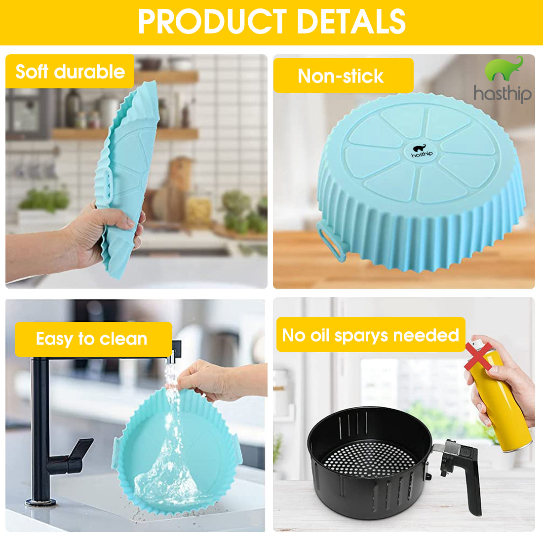 HASTHIP  Air Fryer Reusable Silicone Pot, 6.8 inch Non-Stick Silicone Air Fryer Liners with Ear Handles, Air Fryer Accessories, Round Air Fryer Oven Pot Foodgrade Silicone Heat Resistant (Blue)