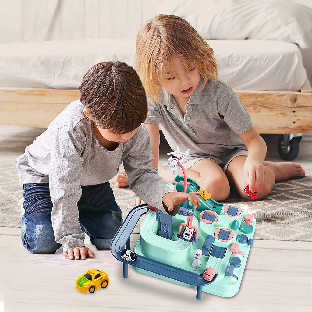 PATPAT Car Race Tracks Toy for Boys Girls Kids, City Rescue Preschool Educational Toy with Random 4 Car Toys, Parent-Child Interactive Car Playsets for 3-8 Years Old Toddlers Boys Girls (Green)
