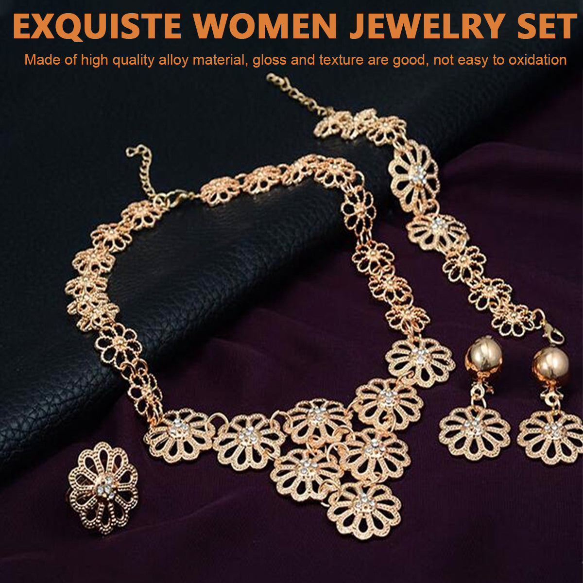 SANNIDHI Jewellery Set for Women and Girls, Women Necklace Bracelet Ring Earring Heavy Duty Metal Jewelry Set, Hollowed Flower Design 18K Gold-plated Pendant Long Oxidized Necklace Set for Women Gift