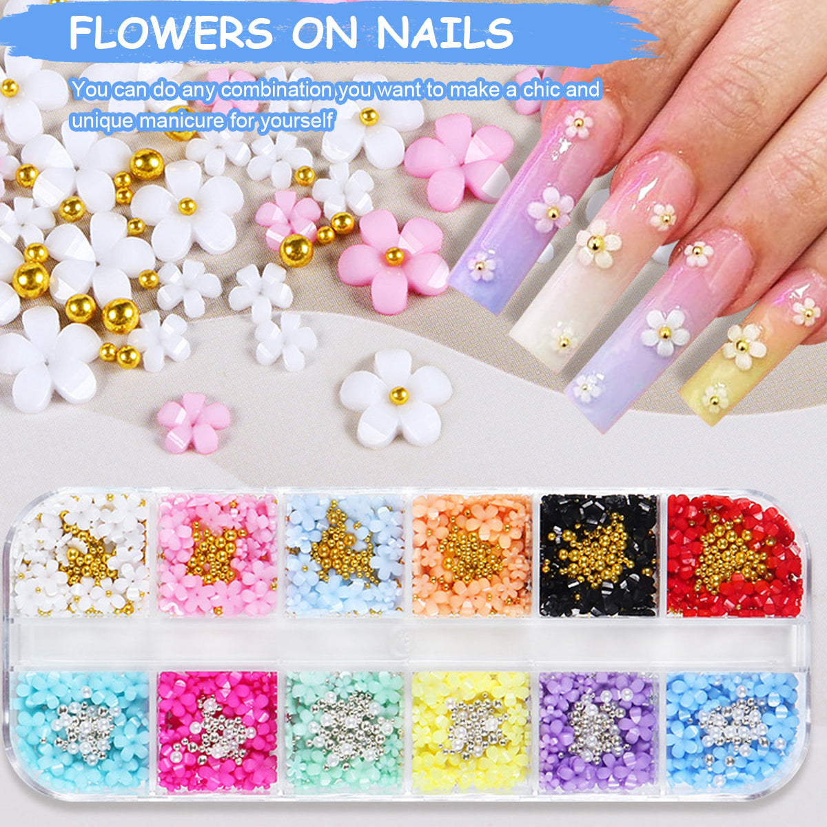 MAYCREATE 3D Flower Nail Art Kit Nail Decals Nail Charms with Golden Beads for Women Girls, 12 Color DIY Resin Flower Decals for Nails Salon Accessories With Grid Case