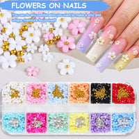 MAYCREATE 3D Flower Nail Art Kit Nail Decals Nail Charms with Golden Beads for Women Girls, 12 Color DIY Resin Flower Decals for Nails Salon Accessories With Grid Case