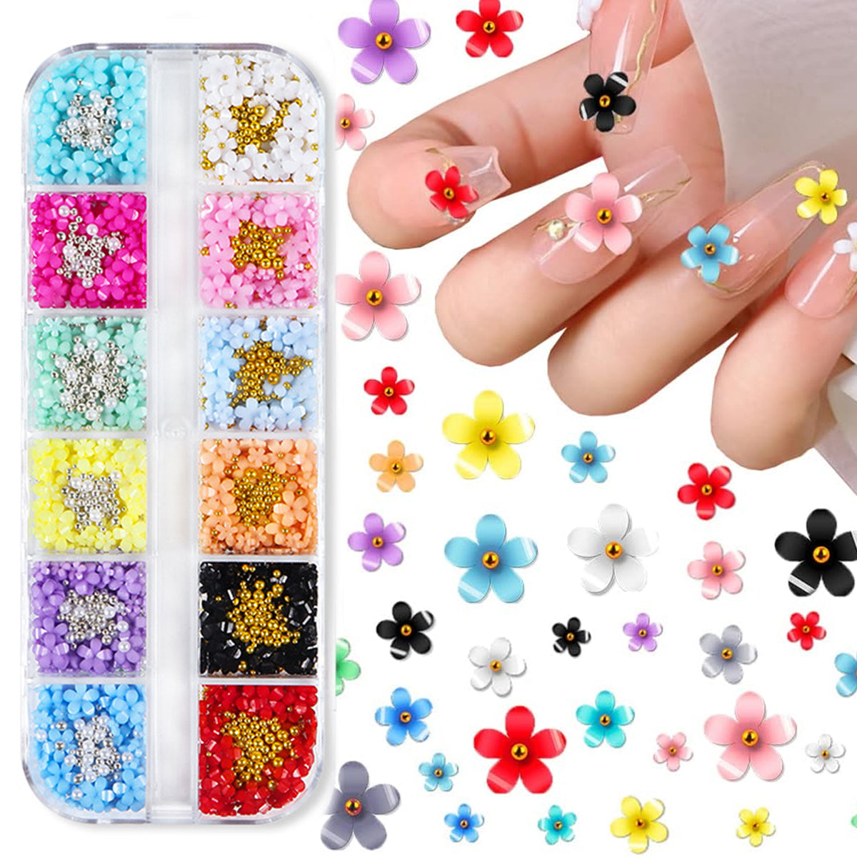 MAYCREATE 3D Flower Nail Art Kit Nail Decals Nail Charms with Golden Beads for Women Girls, 12 Color DIY Resin Flower Decals for Nails Salon Accessories With Grid Case