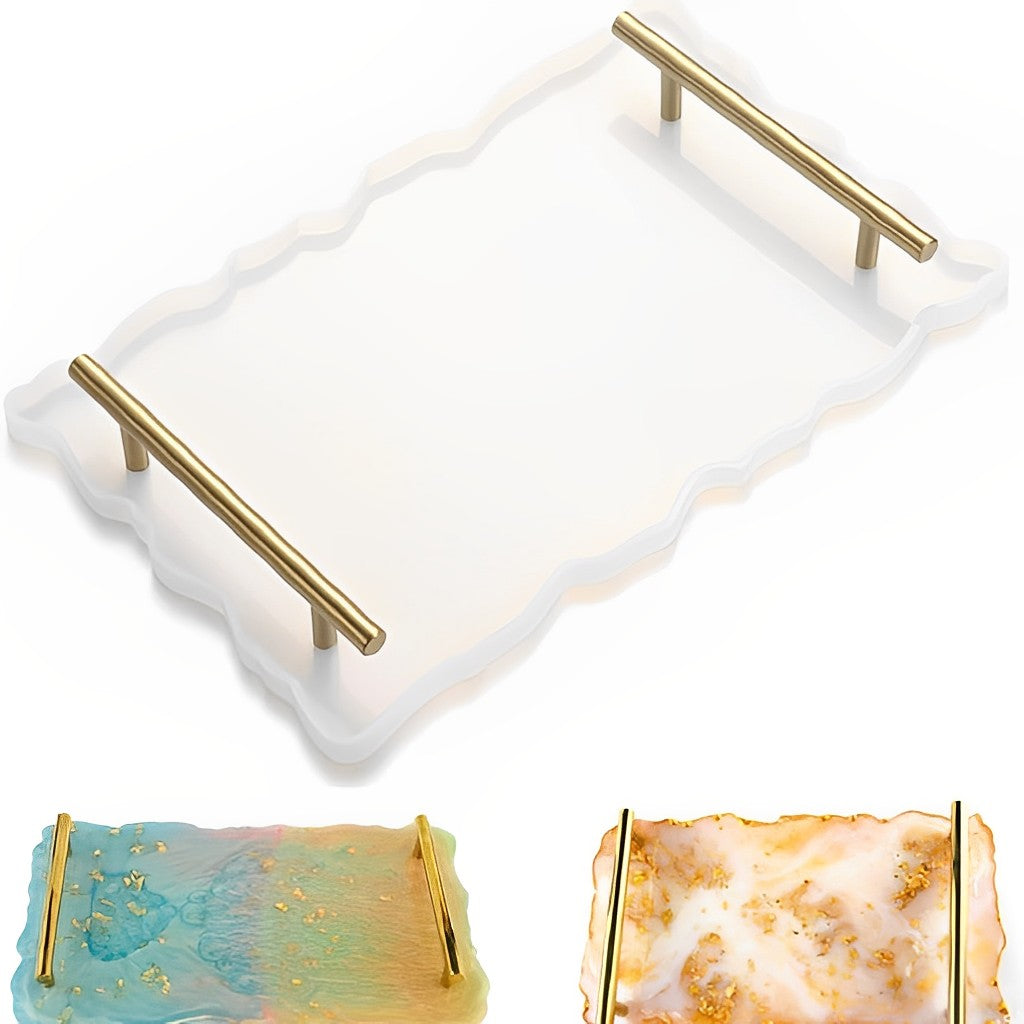 HASTHIP 30x16cm Resin Mold Kit, Rectangle Tray Mould with Gold Handles, Epoxy Resin Mold Easy Demold Silicon Coaster molds for Making Faux Agate Tray, Serving Board, Fruit Tray etc