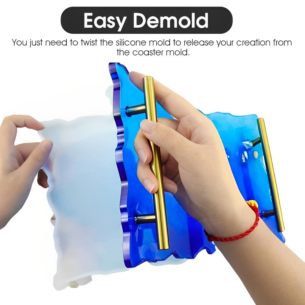 HASTHIP 30x16cm Resin Mold Kit, Rectangle Tray Mould with Gold Handles, Epoxy Resin Mold Easy Demold Silicon Coaster molds for Making Faux Agate Tray, Serving Board, Fruit Tray etc