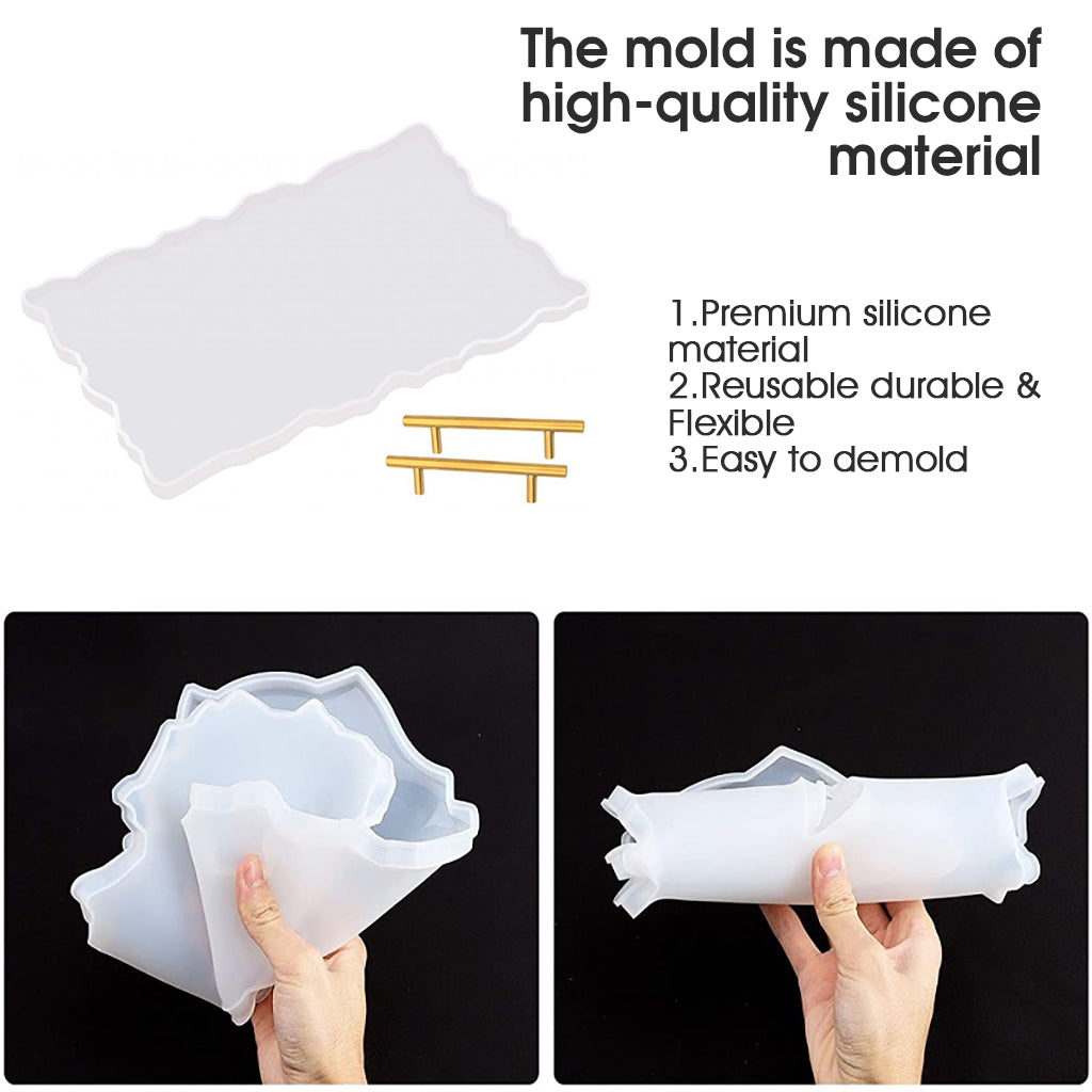 HASTHIP 30x16cm Resin Mold Kit, Rectangle Tray Mould with Gold Handles, Epoxy Resin Mold Easy Demold Silicon Coaster molds for Making Faux Agate Tray, Serving Board, Fruit Tray etc