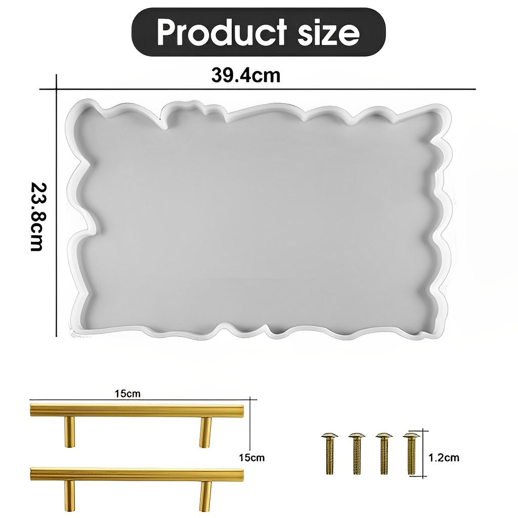 HASTHIP 30x16cm Resin Mold Kit, Rectangle Tray Mould with Gold Handles, Epoxy Resin Mold Easy Demold Silicon Coaster molds for Making Faux Agate Tray, Serving Board, Fruit Tray etc