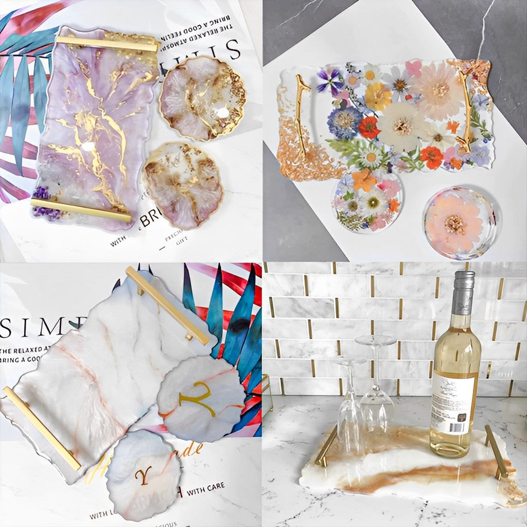 HASTHIP 30x16cm Resin Mold Kit, Rectangle Tray Mould with Gold Handles, Epoxy Resin Mold Easy Demold Silicon Coaster molds for Making Faux Agate Tray, Serving Board, Fruit Tray etc
