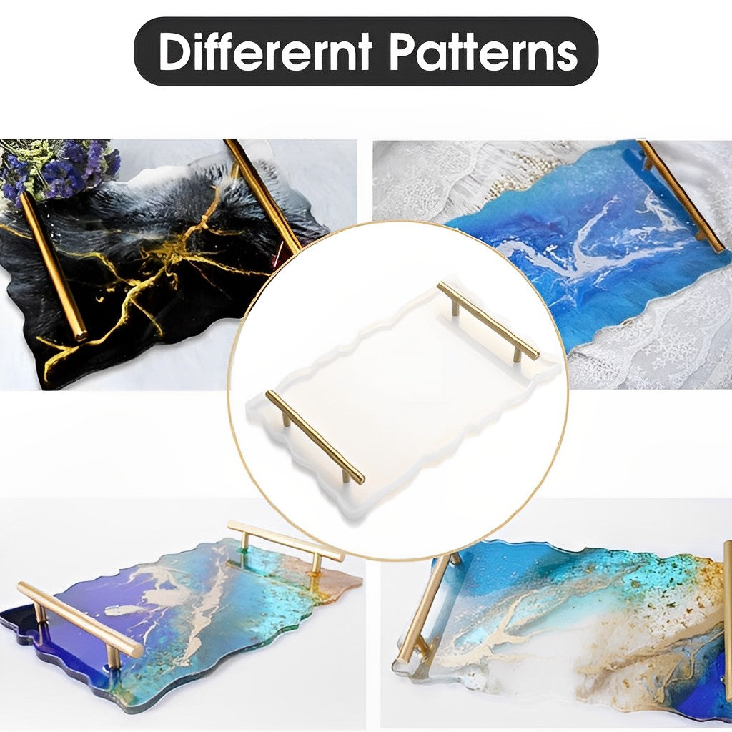 HASTHIP 30x16cm Resin Mold Kit, Rectangle Tray Mould with Gold Handles, Epoxy Resin Mold Easy Demold Silicon Coaster molds for Making Faux Agate Tray, Serving Board, Fruit Tray etc