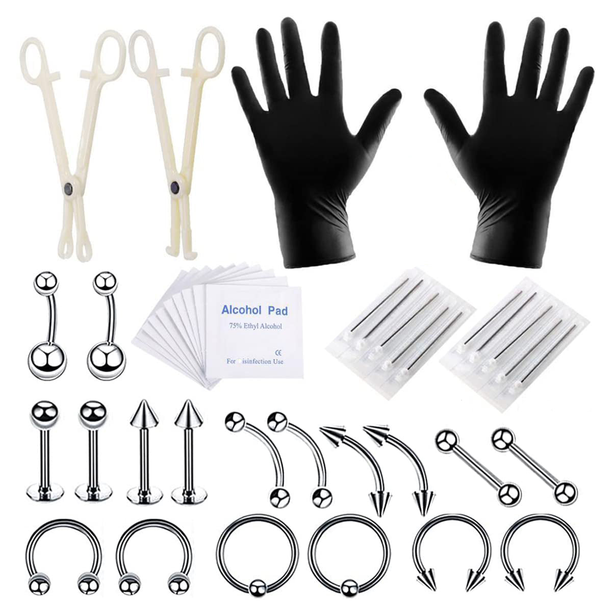 MAYCREATE 42Pcs Professional Piercing Kit for All Piercings, Stainless Steel Body Piercing Kit for Nose Tragus Tongue Lip Ear Eyebrow Piercing Jewelry Piercing Needles Clamps Kits