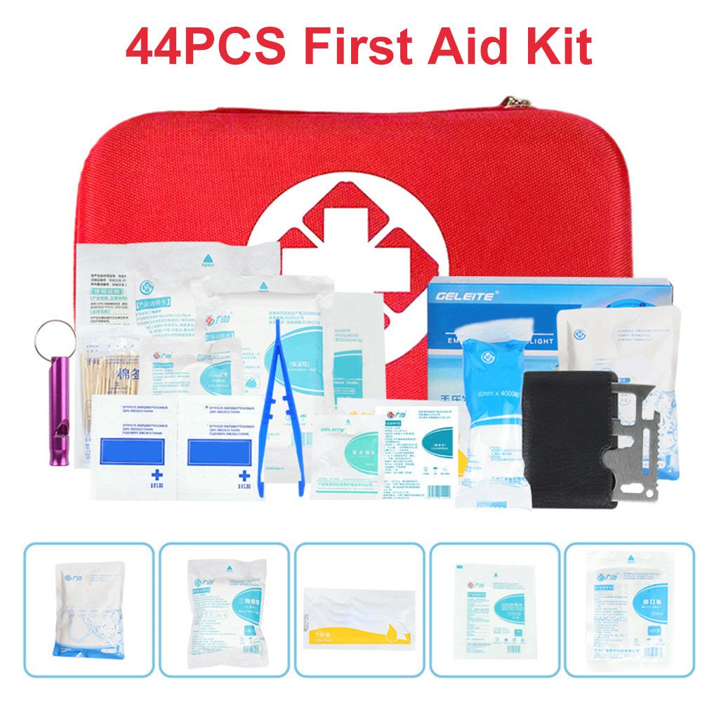 Proberos 44Pcs First Aid Kit with All Items for Travelling Ooutdoor Car Home with Portable Bag, Includes Emergency Foil Blanket, Band-aid, Gauze, First-aid manual, Flashlight, Scissors, Survival Kits