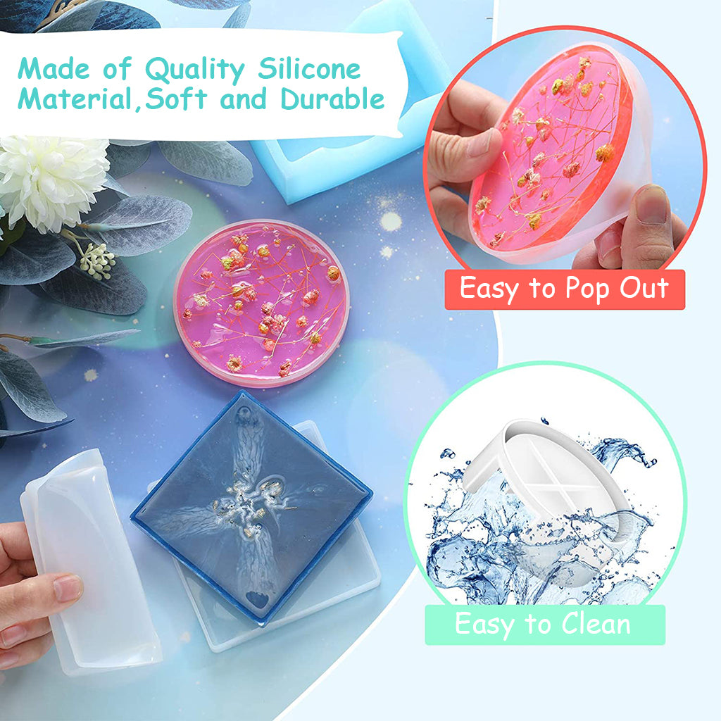 HASTHIP 5pcs Coaster Resin Moulds Set Silicone Coaster Storage Box Mould, Silicone Epoxy Pouring Mould for DIY Art Craft Coasters