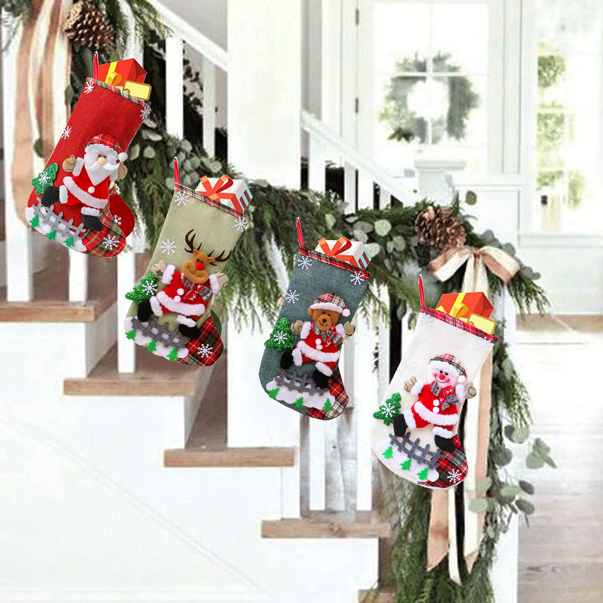HASTHIP  Set of 4 Christmas Decorations Stocking, 10 inch Linen Christmas Gift Stocking, Hanging Christmas Stockings Set Christmas Stocking Christmas Stocking for Window, Christmas Socks