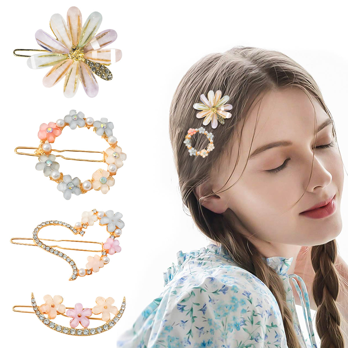 SANNIDHI 4 Pack Hair Clips for Women Fashion Alloy Barrettes Clips Hairpins Set Rhinestone Flower Hair Pin Clip Decorative Hair Accessories for Girls Ladies