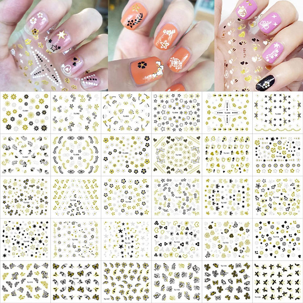 MAYCREATE 30 Sheets 3D Nail Art Sticker Self-Adhesive, Nail Art Glitter Flakes Butterfly Heart Design Nail Decals Stickers Flower Slices, Nair Charms for Women DIY Nail Art Salon Accessories