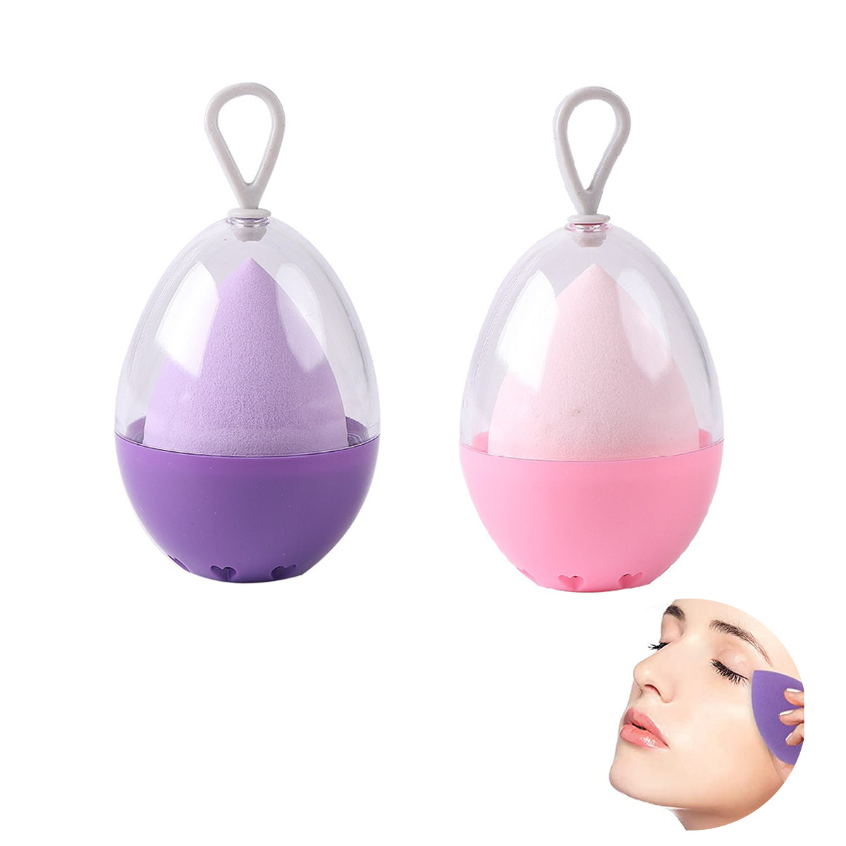 MAYCREATE 2PCS Makeup Sponge Holder Set Beauty Blender Sponge & Organizer Case Kit for Women Girls, Travel Container Stand with Dustproof Lid, Washable Reusable (Pink+Purple)