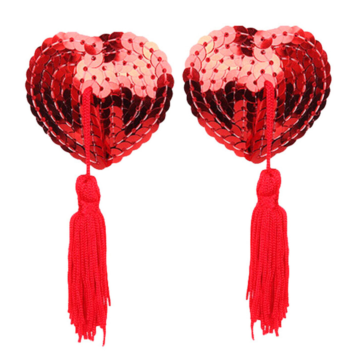 PALAY Bra with Tassel Shiny Sequin Women's Nipple Pasties Bra Reusable Silicone Heart-Shaped Nipple Cover Adhesive Breast Pads (Red, 1 Pair)