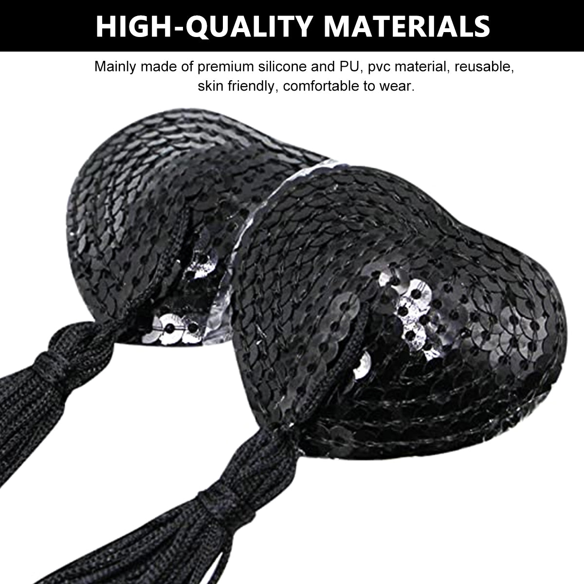 PALAY Nipple Cover Pasties Silicone Sequin Tassel Bra Reusable Romantic Adhesive Heart Nipple Pasties with Tassel for Lady Women (Black, One Pair)