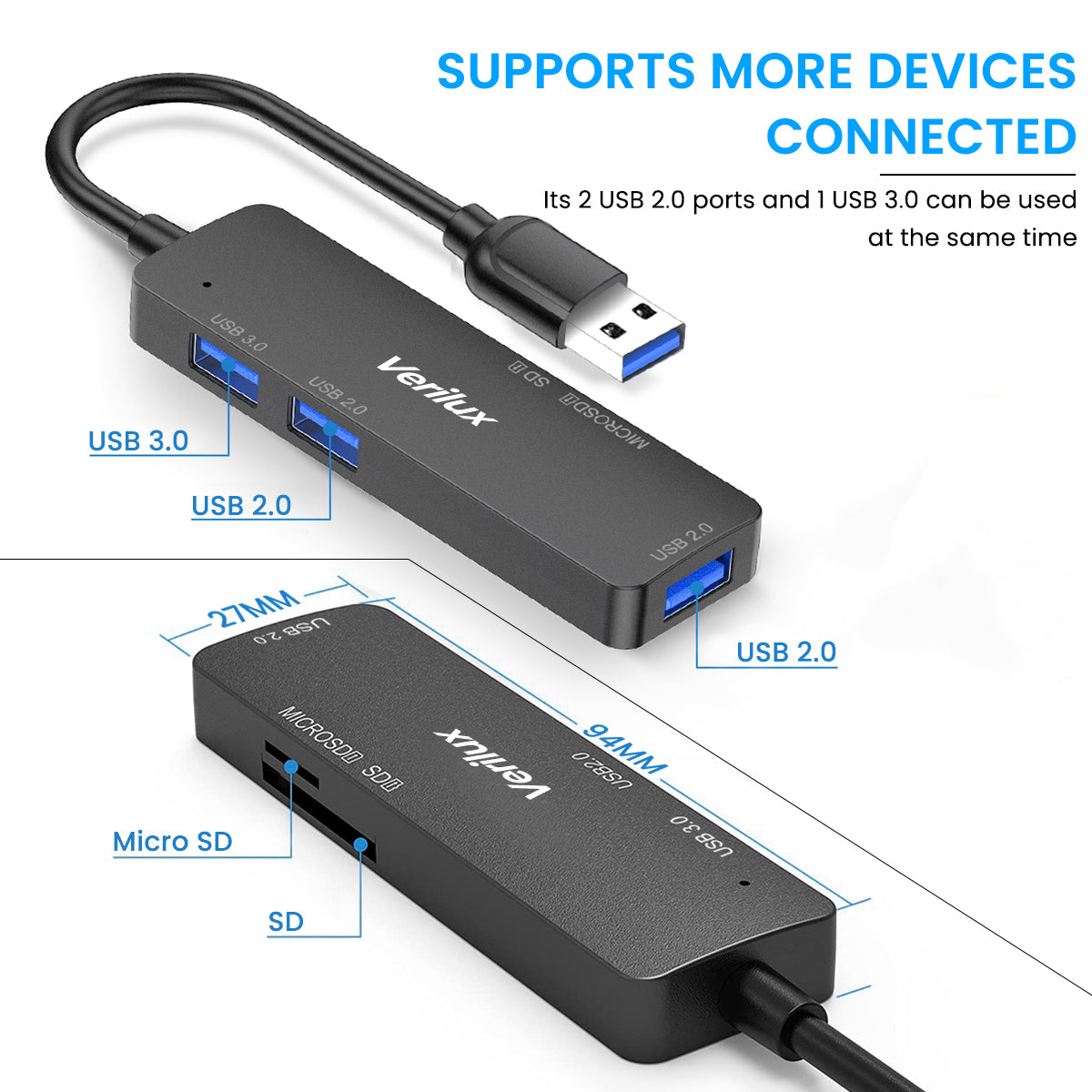 Verilux USB Card Reader Micro SD Card Reader All in One SD Card Reader 5 in 1 Multi USB Adapter with USB2.0/USB3.0 Ports for TF SD Micro SD Cards Compatible with Laptop Pen Drives Cameras PC