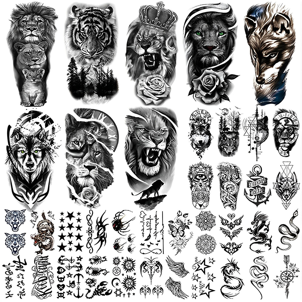 MAYCREATE 38 Sheets Temporary Tattoo Sticker For Men Black Tatto Sticker Beast on Arm Waterproof Large Tattoo Stickers Assorted Tatto Sticker