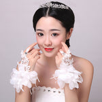 PALAY Women' Lace Gloves Elegant Bridal Fingerless Tulle Gloves Flower Banquet Bowknot Rhinestone Cuffs White Bridal Lace Satin Gloves (Short, multi2)