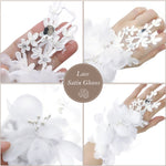 PALAY Women' Lace Gloves Elegant Bridal Fingerless Tulle Gloves Flower Banquet Bowknot Rhinestone Cuffs White Bridal Lace Satin Gloves (Short, multi2)